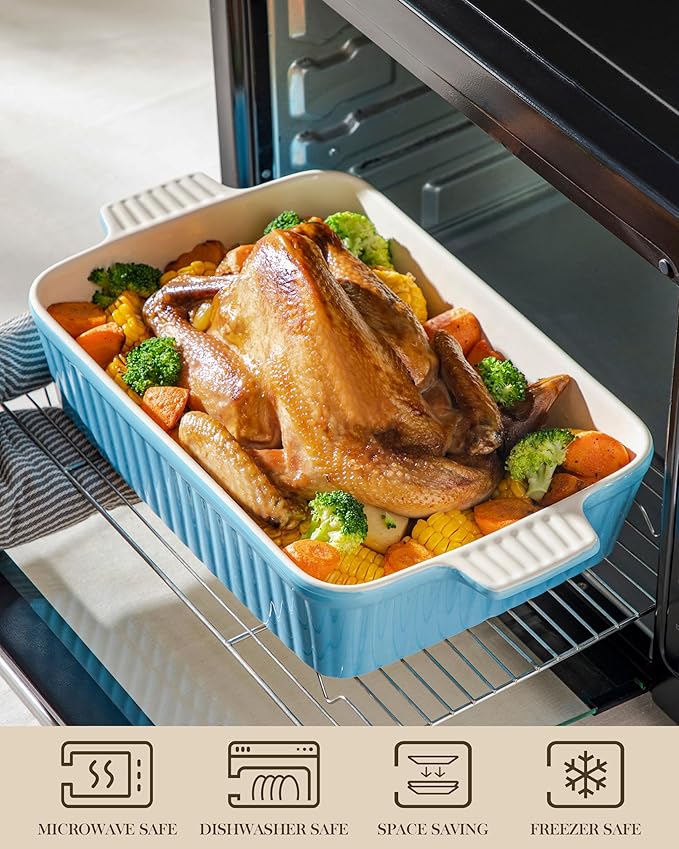 MALACASA 4.4 QT Baking Dish, 9x13 Large Casserole Dish for Oven, Ceramic Baking Pan, Rectangular Lasagna Pan Deep with Handles for Baking, Durable Microwave Oven Safe, Blue, Series BAKE-BAKE - Image 4