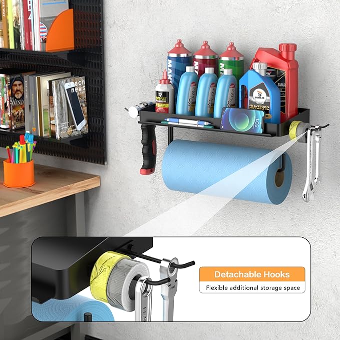 SUNTECH Garage Paper Towel Holder with Shelf, One Hand Tear, 12 inch Shop Paper Towel Holder, Paper Towel Holder Wall Mount with 2 Detachable Hooks for Garage and Tool Room (Black) - Image 3