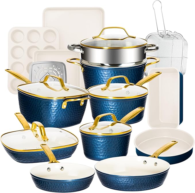 Gotham Steel Hammered 20Pcs Ceramic Cookware Set, Induction Pots and Pans Set Non Stick with Deep Fry Pan, Steamer, & Bakeware, Non Toxic PFOA PFOS Free, Oven & Dishwasher Safe