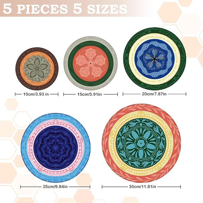 5-Size Reusable Beeswax Bowl Covers for Bread Proofing, Cotton Cloth Flexible Beeswax Wraps for Food Storage(Colorful Concentric Circle) - Image 2