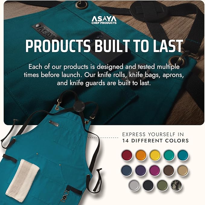 Asaya Chef and BBQ Apron with Bottle Opener and Hand Towel - 10oz Cotton Canvas, Stainless Steel Hardware - Cross Back Straps - Image 6