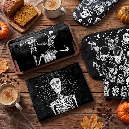 Leinuosen 6 Pcs Skull Kitchen Decor Set, Skull Kitchen Towels Gothic Oven Mitts and Pot Holders Skeleton Hand Dish Towels Horror Oven Mitts for Home Decor Party Gifts (Black,Cool) - Image 6