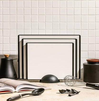 SMIRLY Plastic Cutting Board Set with Holder 3 Pieces, Non-Slip Dishwasher Safe Chopping Boards for Kitchen, Black & White - Image 7