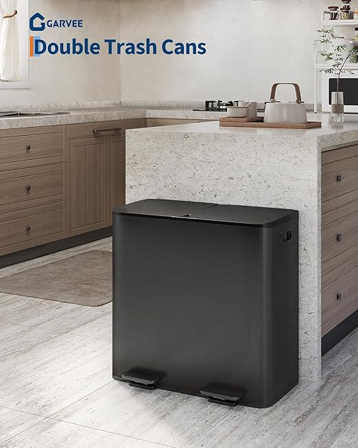 Garvee Double Trash Can, 2 x 10.6 gal (2 x 40 L) Garbage Can for Kitchen Dual Compartment Recycling Kitchen Step Trash Bin, Stainless Steel Trash and Recycle Bin Combo with Soft-Close Lid,Black - Image 5