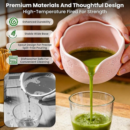 NOVANIA Pink Matcha Whisk Set - 10Pcs Premium Japanese Bamboo Matcha Kit with Bowl, Whisk Holder, Scoop, Sifter, Scoop Holder, Tea Cloth, Canister, Straw and Brush - Complete Set for Tea Lovers