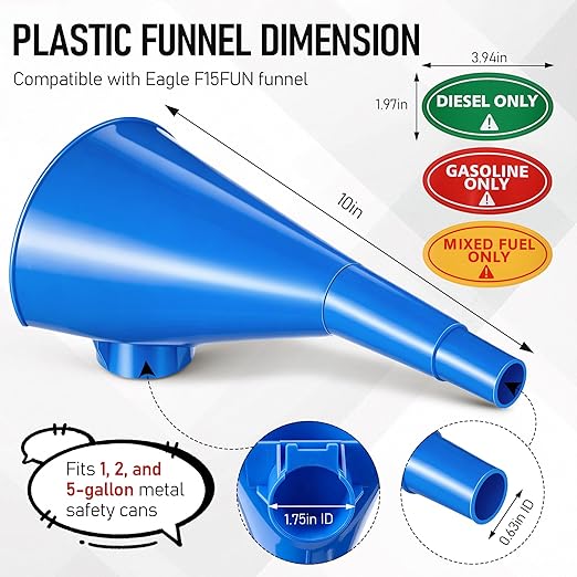 Plastic Funnel for Type I Metal Safety Cans, Compatible with Eagle F15FUN, Fits 1/2/5 Gallon Cans, 10" HDPE Funnel, Includes Diesel Only, Gasoline Only, Mixed Fuel Stickers(1 Pack,Blue)