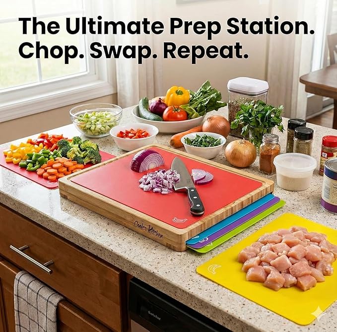 Cooler Kitchen Cutting Boards for Kitchen – Checkered Bamboo Cutting Board Set with 6 Color-Coded Flexible Chopping Mats, Easy Clean Wood and Dishwasher-Safe Plastic, Large 17×12, Knife-Friendly - Image 2