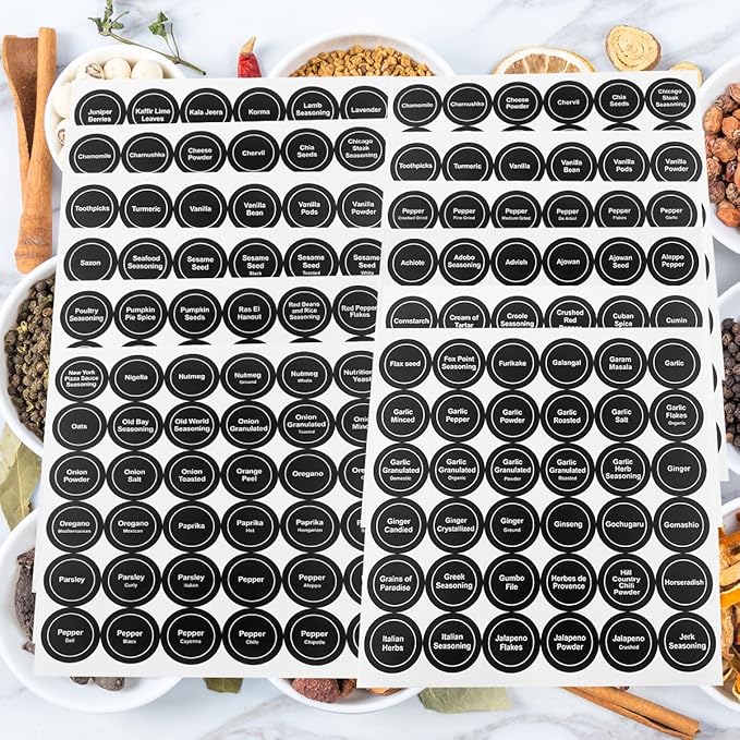 Spice Labels, 432Pcs Spice Labels Stickers 1.4in Waterproof Adhesive Round Preprinted Spice with Blank Label Black Tear Resistant Sticker for Kitchen Jars Caps Food Containers Spice Organizers - Image 5