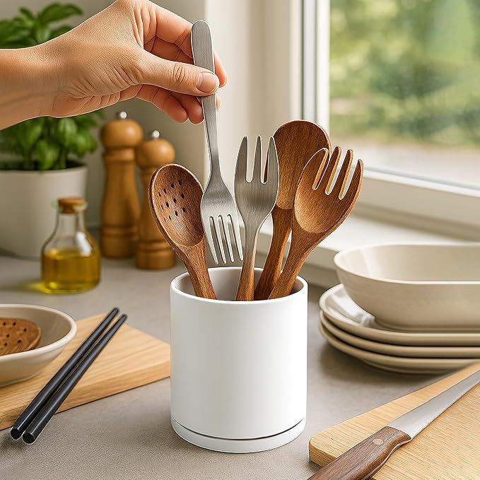 D'vine Dev 360° Rotating Utensil Holder Set – 7.2"+5" Kitchen Utensil Crocks for Countertop, Modern Cooking Tool Organizers for Kitchen Storage +Décor, White, Set of 2, 72-Z-A-1 - Image 6