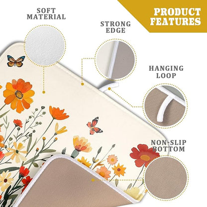 Fall Orange Wildflower Dish Drying Mat for Kitchen Counter,Autumn Floral Butterflies Drying Mat 16 x 18 Inch with Absorbent Reversible Microfiber Dish Drying Pad Dish Pad for Coffee Bar - Image 4