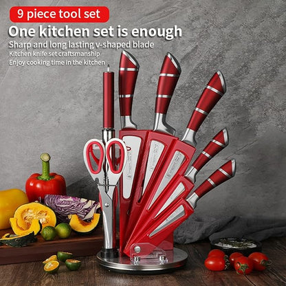 Kitchen Knife Set, 9-Piece Red Kitchen Knife Set with Acrylic Block, Non Stick Sharp High Carbon Stainless Steel Knife Set for Kitchen Cutting Meat Slicing Chopping Kitchen Gifts for Women (Red)