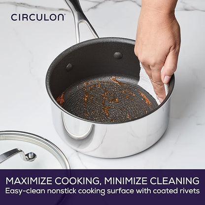 Circulon C1 Series Clad Stainless Steel with ScratchDefense Technology Cookware Nonstick Induction Saucepan with Lid, Metal Utensil Safe, 3 Quart - Polished Stainless Steel