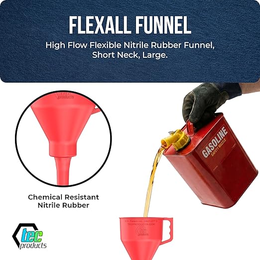 TEC Products FlexAll Short Neck Funnel - Flexible Funnel w/ Hose for Automotive Use - Durable Nitrile Rubber - Car Oil Change, Transmission Fluid, Diesel, Gas - USA Made - Small (8.3 x 4.3 Inches)