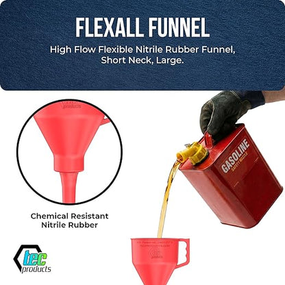 TEC Products FlexAll Short Neck Funnel - Flexible Funnel w/ Hose for Automotive Use - Durable Nitrile Rubber - Car Oil Change, Transmission Fluid, Diesel, Gas - USA Made - Small (8.3 x 4.3 Inches)