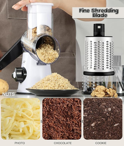 Ourokhome Rotary Cheese Grater Hand Crank, Kitchen Shredder Speed Mandolin Slicer Nuts Grinder with Handle and Drum Blades for Cheese, Vegetable, Walnuts, Chocolate, Potato, 3 Blades, White Black - Image 4