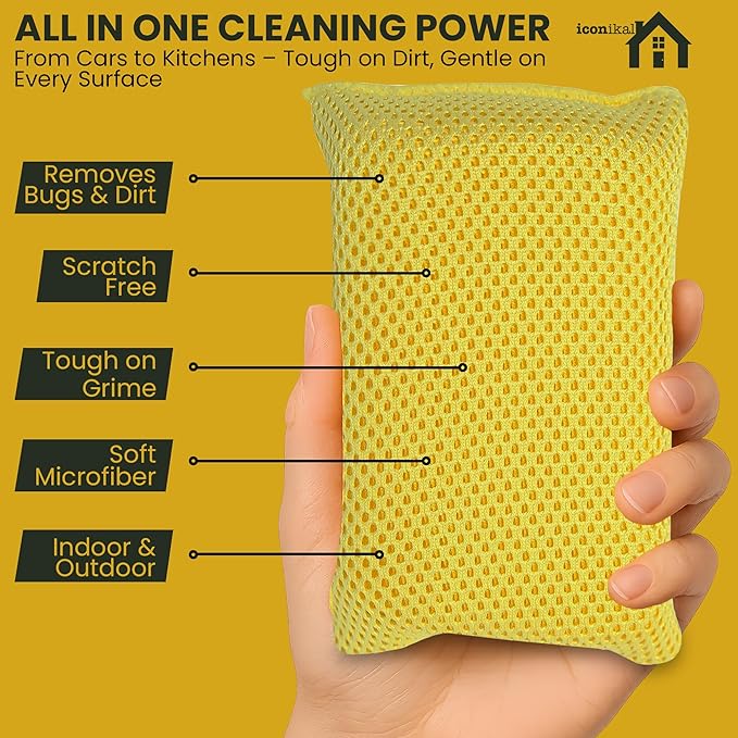 Iconikal 6-Pack Bug Scrubber Sponge 5.9x3.5-Inch Yellow Microfiber Large Car Wash Reusable for Paint Chrome Glass RV Motorcycle Cleaning - Image 3