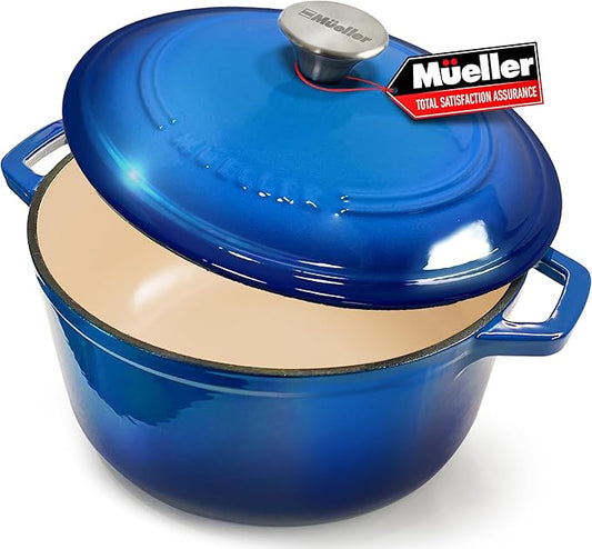 MUELLER HOME 7.5 QT Enameled Cast Iron Dutch Oven, Heavy-Duty Casserole Dish and Braiser Pan with Lid and Stainless Knob, Oven-Safe up to 500° F & Across All Cooktops, Aqua Blue by MUELLERHOME