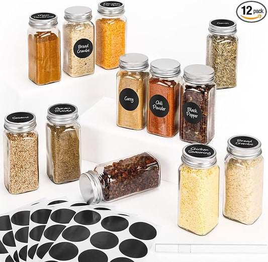 12Pcs Spice Jars with Label, 4oz Empty Square Seasoning Containers, Spice Jars with Shaker Lids, Small Spice Bottles for Salt, Herbs, Sugar, Pepper, Seasoning Jars for Spice Rack, Cabinet, or Drawer by DIDITIME