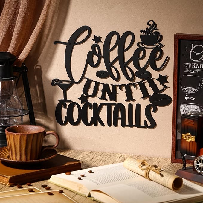 Ferraycle Coffee Bar Decor, 12 x 10.2 Inch Sign for Wall Metal Rustic Hanging Wall Art Vintage Black Cup Letter Sign for Cafe Home Office Kitchen(Coffee Until Cocktails) - Image 2
