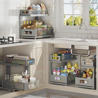 1 Pack 15.74IN-Depth Under Sink Organizer With Next-Gen Ball-Bearing Slides,2-Tier Pull Out Cabinet Storage,Height Adjustable Drawer Shelf for Bathroom,Kitchen,Laundry,Cabinet,Pantry-Gun Gray