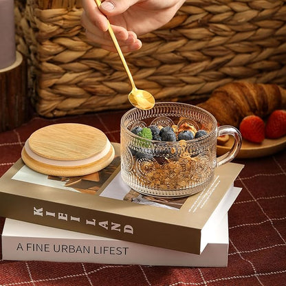 LANDNEOO 12pcs Set Irish Coffee Glasses, Vintage Coffee Mugs, Overnight Oats Containers with Bamboo Lids and Spoons - 14oz Clear Embossed Glass Cups, Cute Coffee Bar Accessories, Iced Coffee Glasses - Image 5