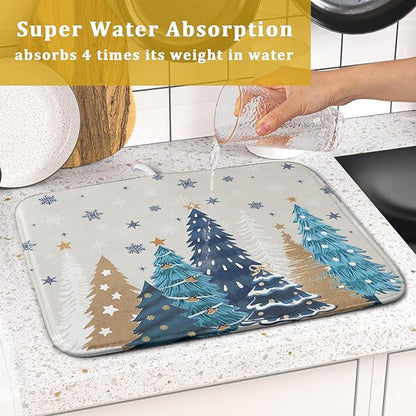 Christmas Tree Dish Drying Mat for Kitchen Counter 18x16 Inch Xmas Snowflake Drying Mat with Absorbent Reversible Microfiber House Blue Trees Dish Drainer Mats Rack Pad for Coffee Countertop Protector