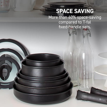 T-fal Ingenio Expertise Non Stick Cookware Set 14 Piece, Induction, Oven Broiler Safe 500F, Stackable Cookware, Pots and Pans, RV, Camping, Fry Pans, Dishwasher Safe, Detachable Handle, French Vanilla