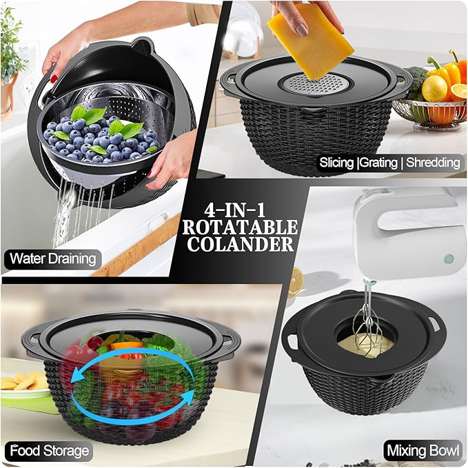 4-1 Colander with Bowl Set - Colander for Kitchen - Rotatable Strainers and Colanders(Patented) - Pasta Strainer - Bowl With Colander & New Upgraded Graters for Fruit Veggie, Kitchen Essentials, Black - Image 4