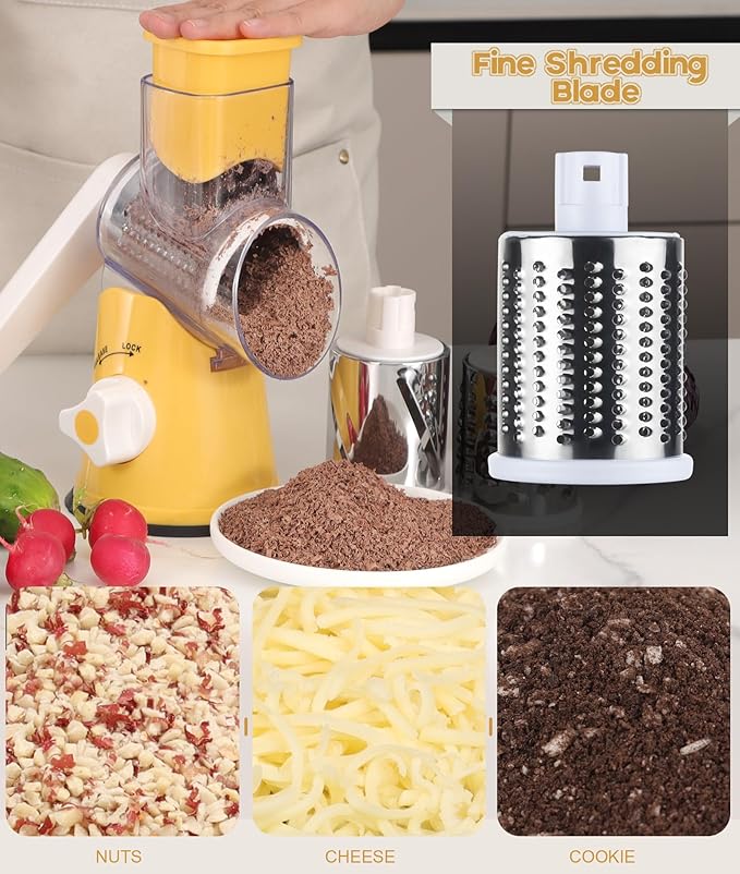 Ourokhome Rotary Cheese Grater Hand Crank, Kitchen Shredder Speed Mandolin Slicer Nut Grinder with Handle and Drum Blades for Cheese, Vegetable, Walnut, Chocolate, Potato, Carrot, 3 Blades, Yellow - Image 5