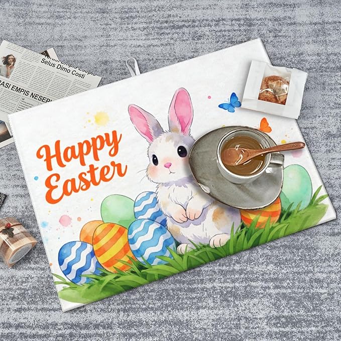 Easter Bunny Dish Drying Mat, for Kitchen Counter Microfiber Absorbent Easter Eggs Dish Draining Reusable Washable Extra Large 18"x24" - Image 5