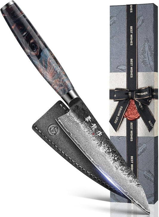 5.5'' Japanese Utility Knife with VG10 Core, Handcrafted 67-Layer Damascus Chef Knife with Ergonomic Handle, Full Tang Multi-Purpose Petty Knives with Luxury Gift Box, Cooking Gifts for Men