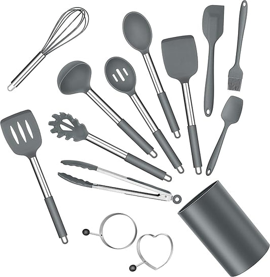 Silicone Cooking Utensils Set, E-far 14-Piece Gray Kitchen Utensils Set with Holder, Kitchen Tools Spatulas with Stainless Steel Handle for Non-stick Cookware, Heat Resistant & Dishwasher safe by E-far