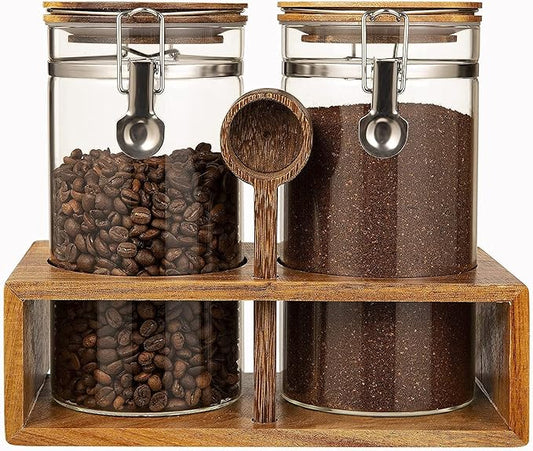 Yangbaga Glass Coffee Container with Wooden Shelf,2×45OZ Coffee and Sugar Container Set,Coffee Canisters with Airtight Lids and Scoop,Large Capacity Food Storage Jars for Coffee Beans,Nuts,Tea,Sugar by Hanber
