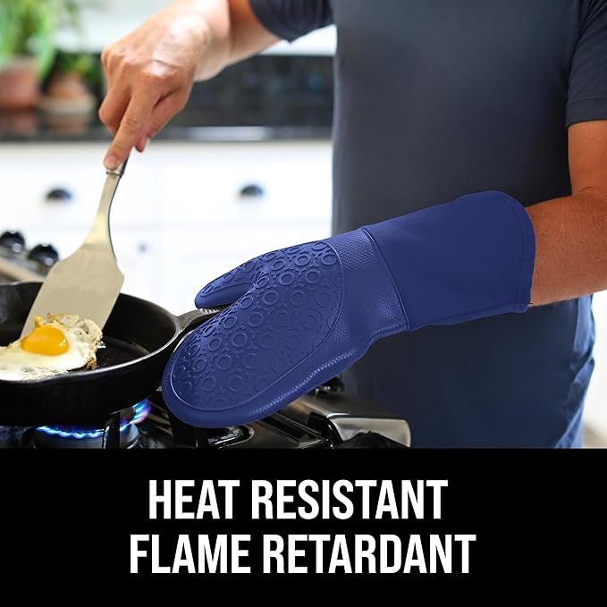 BPA-Free Soft Silicone Oven Mitts - Ultra Heat Resistant Oven Mitts with Thick Cotton Liner - Long Slip Resistant Pot Holders, Flexible Oven Gloves - Royal Blue 13.7" - Image 3