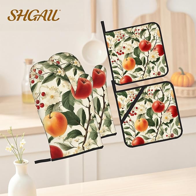 Apple Flower Oven Mitts & Potholder Set of 4 - Heat Resistant Kitchen Gloves Hot Pads for Baking, Cooking, Gifts for Women
