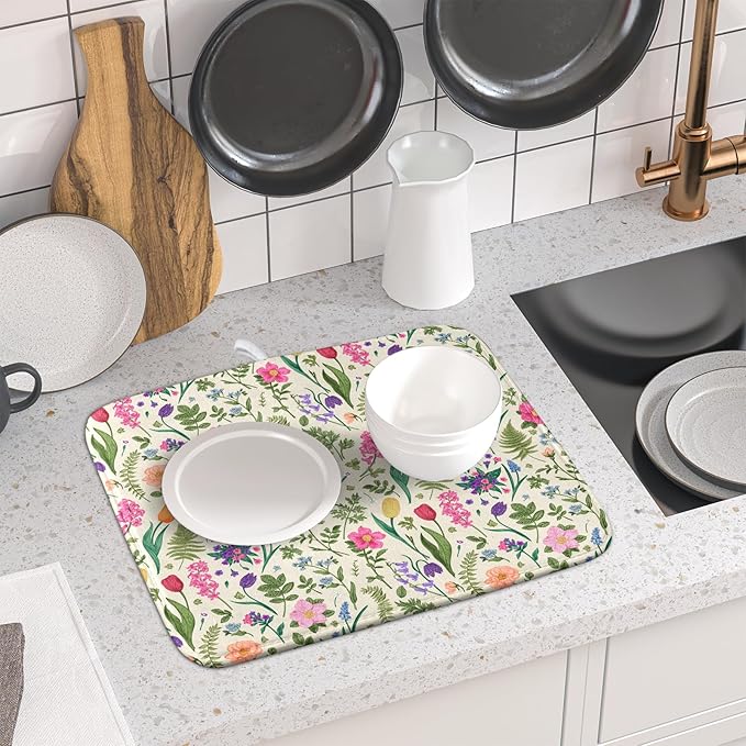 Spring Floral Dish Drying Mat for Kitchen Counter 16x18 Pink Sage Green Flower Vintage Botanical Print Absorbent Reversible Microfiber Drying Mats Kitchen Countertop Protector Dishes Drainer Rack Pad - Image 6