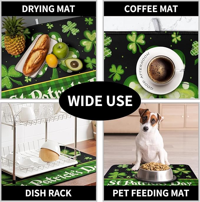 Happy St. Patrick's Day Kitchen Drying Mat Green Plaid Lucky Shamrock Clover Dish Drying Mat St Patrick's Day Super Absorbent Dish Dry Pad Microfiber Dish Drainer Mats for Kitchen Counter 18x24 Inch - Image 7