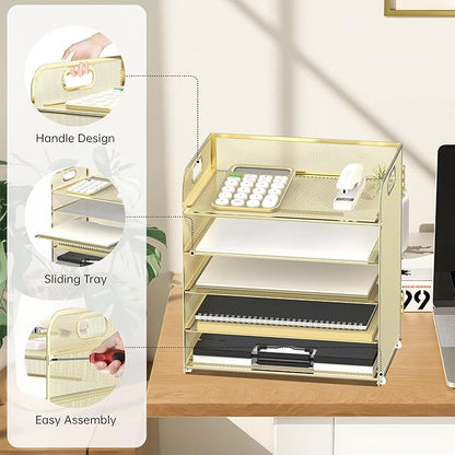 Supeasy 5 Trays Paper Organizer Letter Tray with Handle-Mesh Desk File Organizer, Paper Sorter Desk Organizer for Office, Home or School (Golden) - Image 3