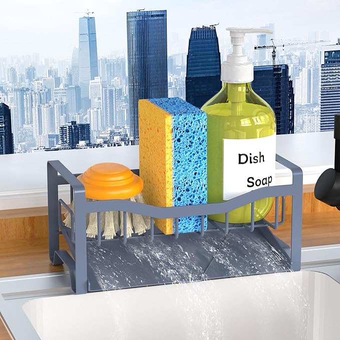 Maifan Stainless Steel Kitchen Sink Caddy Organizer with Auto Drain Tray, Sponge Holder for Countertop Storage Grey Blue by Unknown