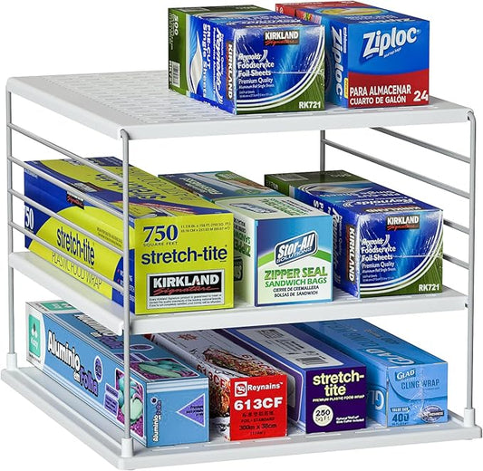 Upgraded Cabinet Organizers - Divided Compartment Holder for Plastic Bag, Wrap, Foil, Snack and Box - Kitchen Organization Under Sink Storage Suitable
