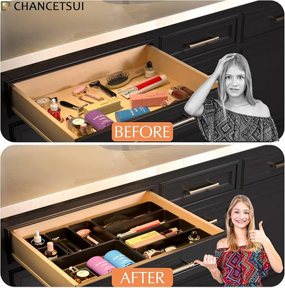 9 Pcs Stackable Drawer Organizer Trays Set, Multifunctional Stackable Storage Trays for Vanity, Bathroom, Kitchen, Desk Drawer Organizer Office. Plastic Drawer Organizers Available In 5 Colours, Black - Image 6
