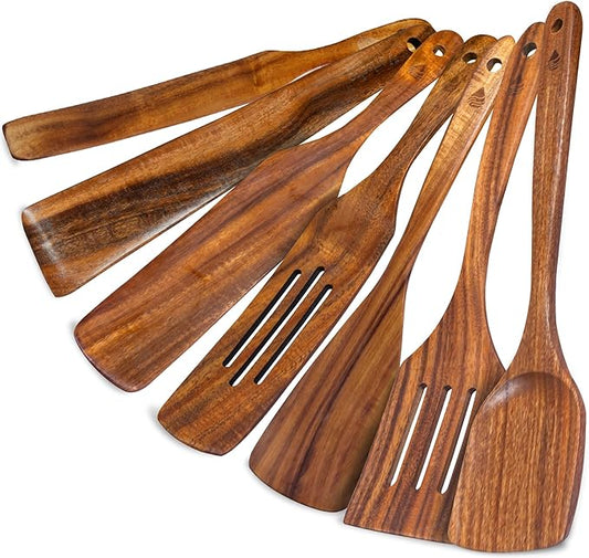 7 PCS Wooden Spatula for Cooking, Natural Teak Wooden Utensil Set, Non-Toxic Wood Cooking Utensil, Handmade Comfort Grip Wood Spoons for Nonstick Cookware by Vorisebo