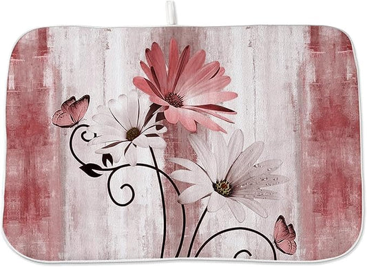 Floral Dish Drying Mat 18x24 Inches For Kitchen Counter Pink Daisy Flower Kitchen Decoration Drying Mat Modern Decorative Drying Pad For Home Kitchen Decor,Dining Room,Office Decoration
