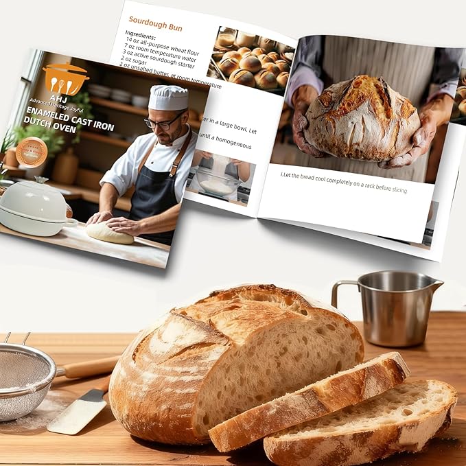 AHJ 6QT Dutch Oven For Bread Baking, Enameled Cast Iron Dutch Oven Pot with Lid, Multi-Functional Bread pan, Sourdough Baking Supplies with Proofing Basket, Cast Iron Bread Oven, Silicone Sling & Gloves. - Image 7