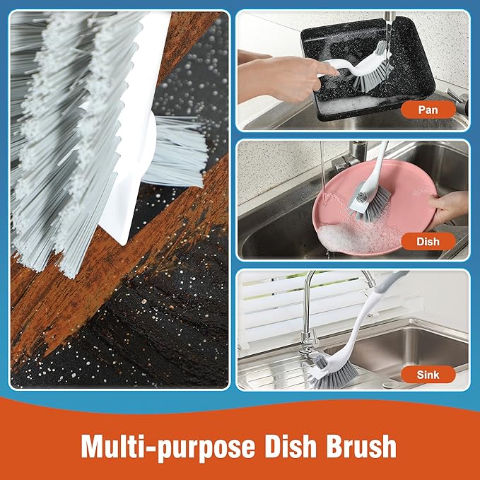 4-Pack Heavy-Duty Dish Scrub Brushes with Stiff Non-Scratch Bristles & Long Handle - Multi-Purpose Kitchen Cleaning Brushes for Pots, Pans, Bottles, Deep Cleaning - Image 6