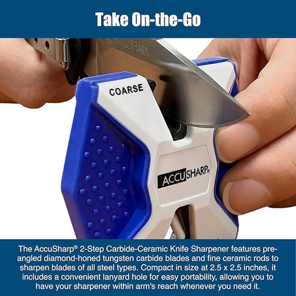 AccuSharp Pull Through Knife Sharpener Keychain, 2-Stage Sharpener for Straight or Serrated Kitchen Knives, Handheld Tool for Fishing & Hunting, White/Blue - Image 3