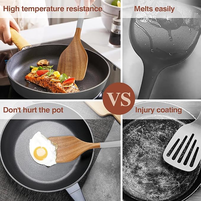 Wooden Spoons For Cooking, 6 Pieces Natural Acacia Wooden Cooking Utensils or Non-Stick Wooden Kitchen Utensil Set for Kitchen Essentials, Wood Cooking Utensils Set with Hanging Hole, Grey - Image 3