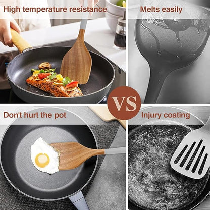 Wooden Spoons For Cooking, 6 Pieces Natural Acacia Wooden Cooking Utensils or Non-Stick Wooden Kitchen Utensil Set for Kitchen Essentials, Wood Cooking Utensils Set with Hanging Hole, Grey - Image 3