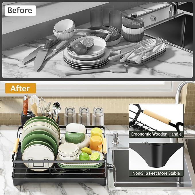 Epicano Dish Drying Rack for Kitchen Counter - Large Capacity Dish Rack with Wooden Handle,Cup Holder & Knife Slots, Rustproof Dish Drainer with Auto-Drainage System, Kitchen Sink Organizer, Black - Image 7