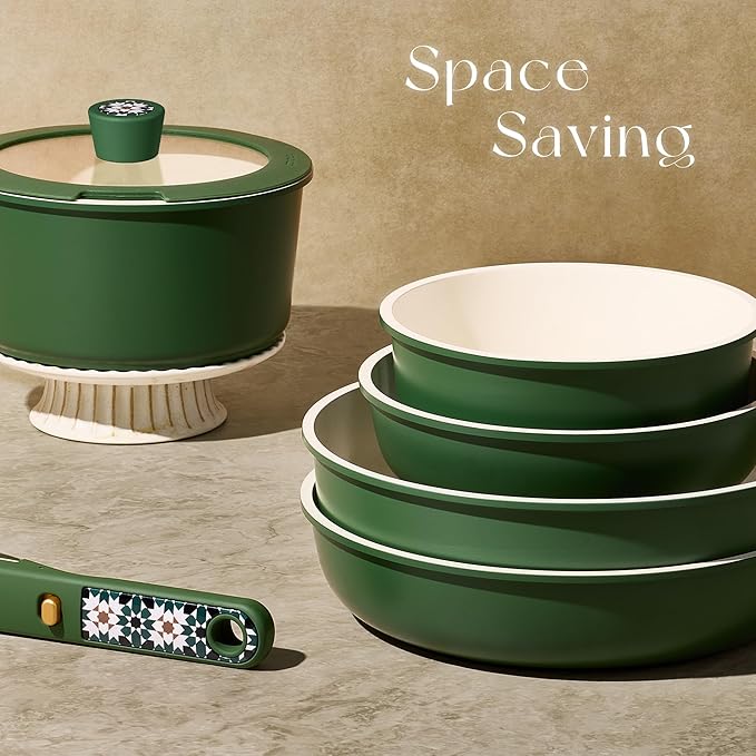 CAROTE 19Pcs Ceramic Cookware Set, Pots and Pans Set Non stick, Non Toxic Cookware Detachable Handle, Kitchen Cooking Set - Induction Cookware, Dishwasher/Oven Safe, PFAS Free, Green - Image 4